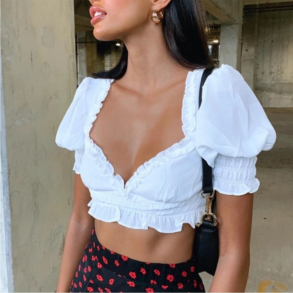 Princess Polly Letitia Puff Sleeve Tie Back Ruffle Crop Top